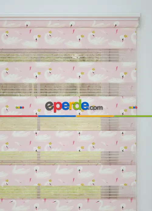Pembe Kuğu Desenli Baskılı Zebra Perde