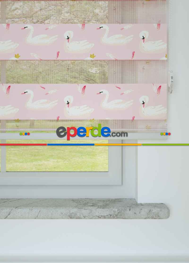 Pembe Kuğu Desenli Baskılı Zebra Perde