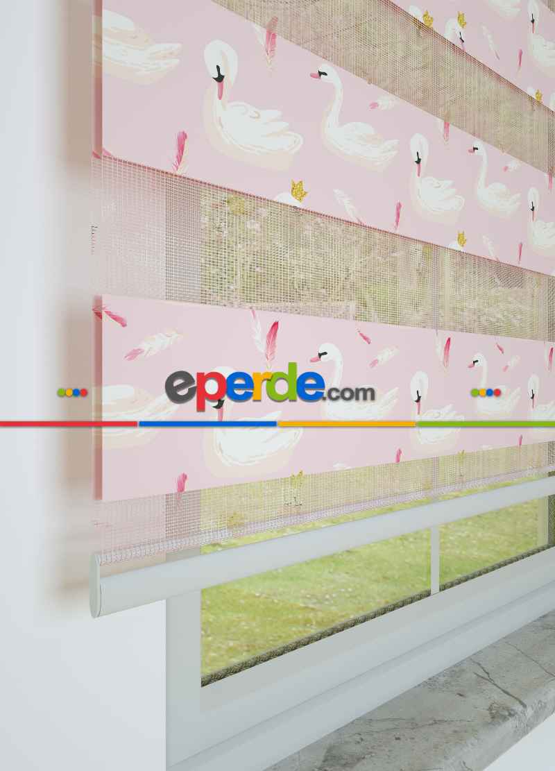 Pembe Kuğu Desenli Baskılı Zebra Perde