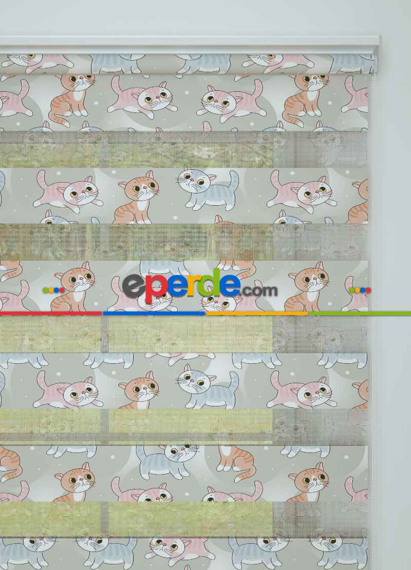 Çocuk Odası - Gri Pembe Kedi Desenli Baskılı Zebra Perde