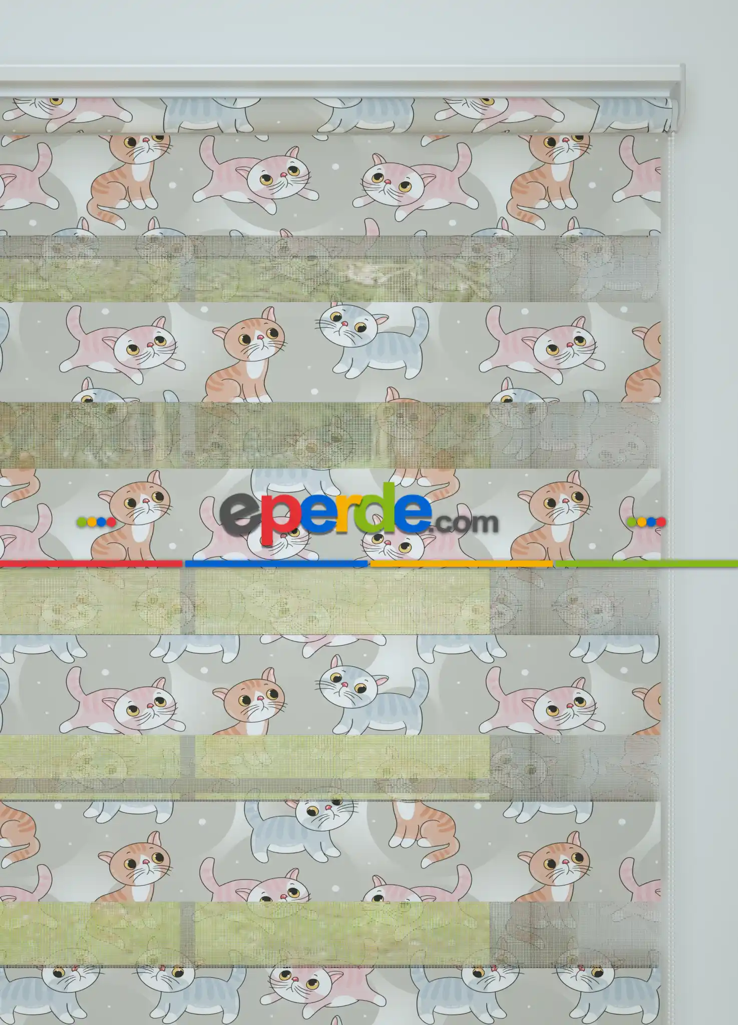 Gri Pembe Kedi Desenli Baskılı Zebra Perde