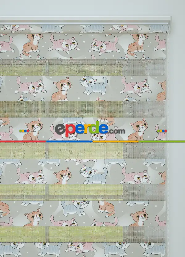 Çocuk Odası - Gri Pembe Kedi Desenli Baskılı Zebra Perde