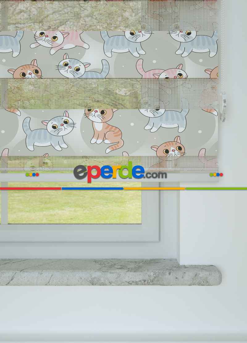 Çocuk Odası - Gri Pembe Kedi Desenli Baskılı Zebra Perde