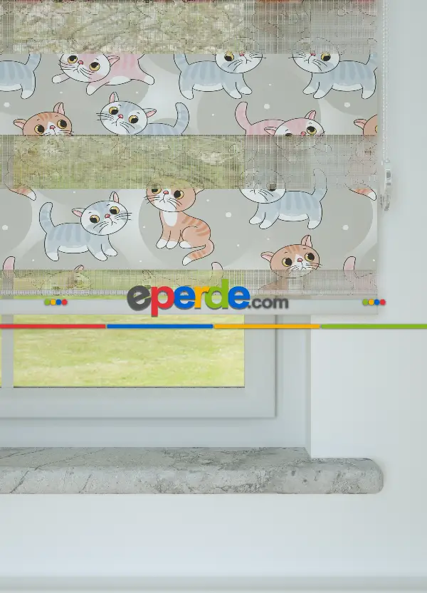 Çocuk Odası - Gri Pembe Kedi Desenli Baskılı Zebra Perde