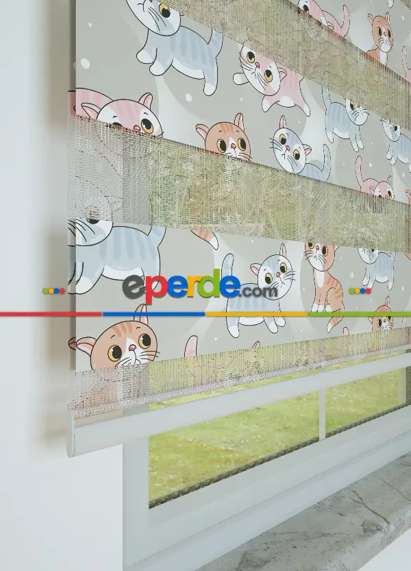 Çocuk Odası - Gri Pembe Kedi Desenli Baskılı Zebra Perde