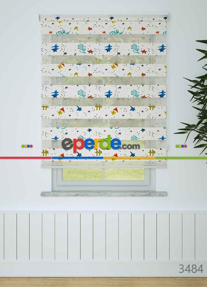 Çocuk Odası - Mavi Kırmızı Yıldız Desenli Baskılı Zebra Perde
