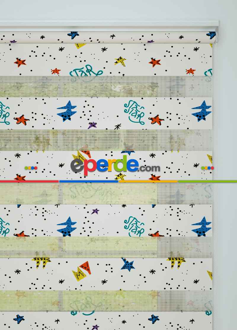 Çocuk Odası - Mavi Kırmızı Yıldız Desenli Baskılı Zebra Perde