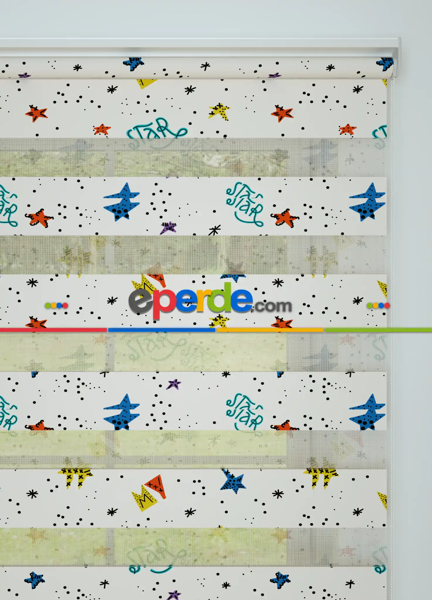 Bebek Odası - Mavi Kırmızı Yıldız Desenli Baskılı Zebra Perde