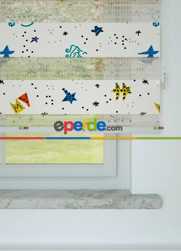 Bebek Odası - Mavi Kırmızı Yıldız Desenli Baskılı Zebra Perde