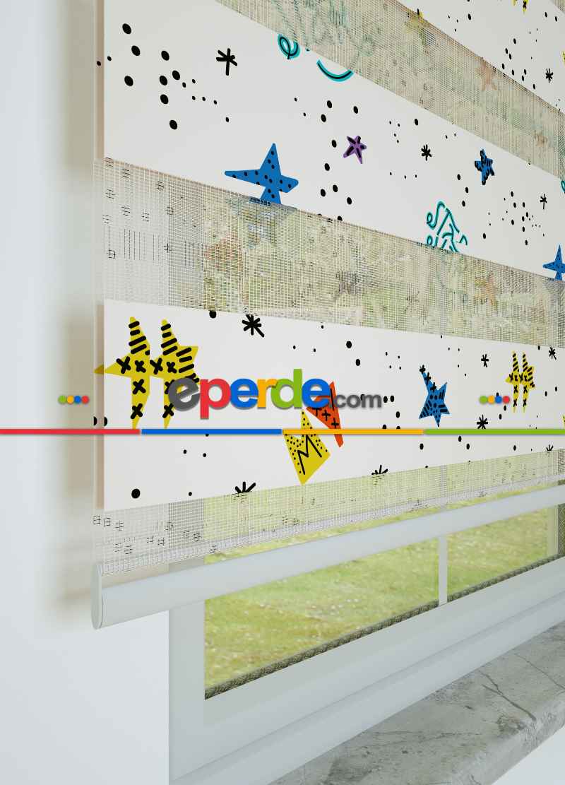 Çocuk Odası - Mavi Kırmızı Yıldız Desenli Baskılı Zebra Perde