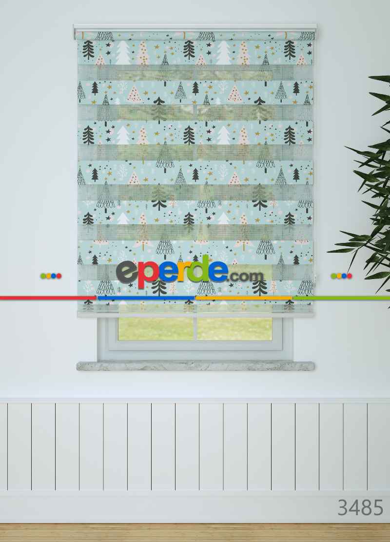 Mint Çam Ağacı Desenli Baskılı Zebra Perde