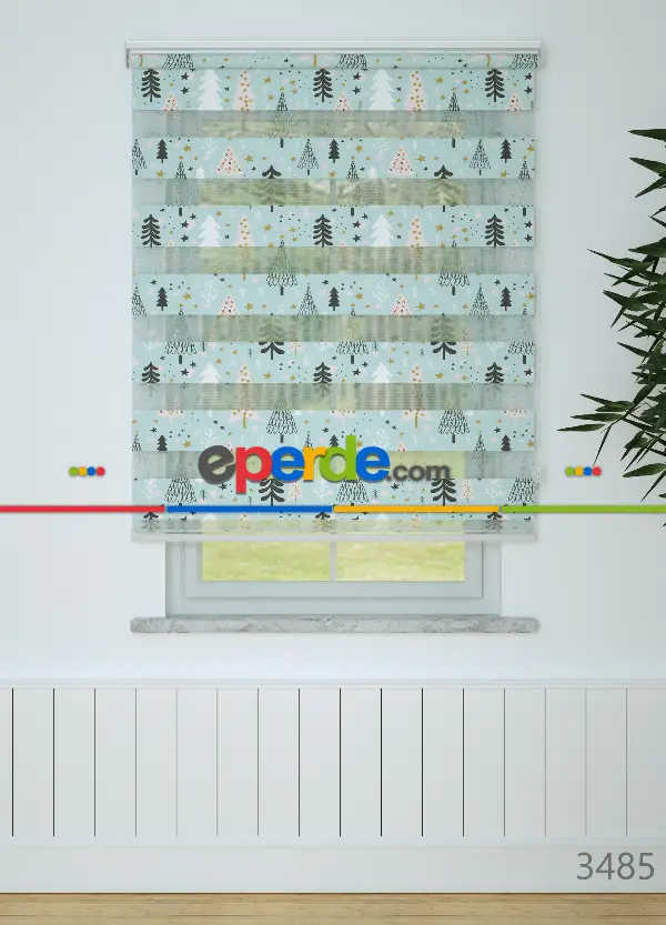 Bebek Odası - Mint Çam Ağacı Desenli Baskılı Zebra Perde