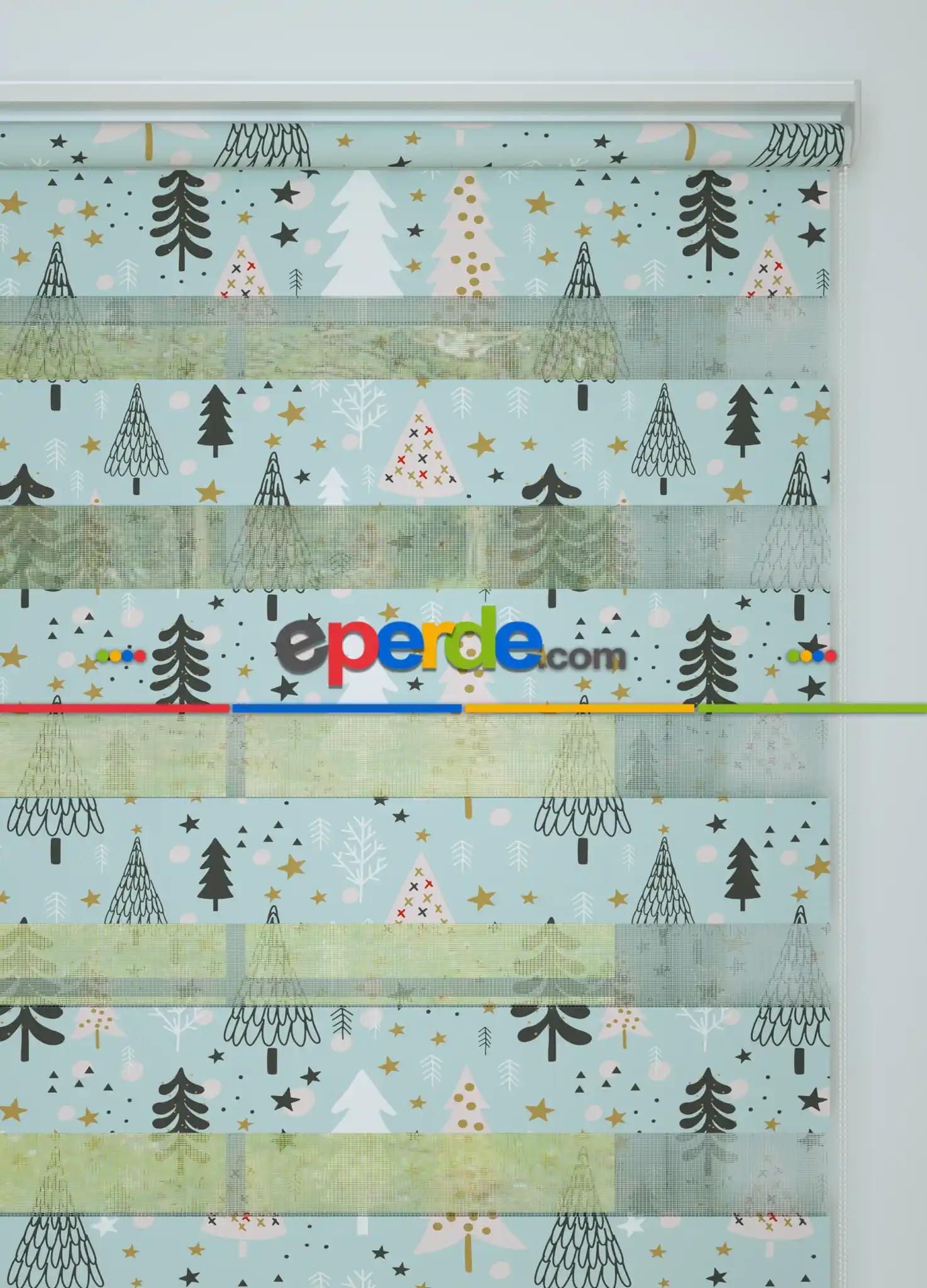 Bebek Odası - Mint Çam Ağacı Desenli Baskılı Zebra Perde