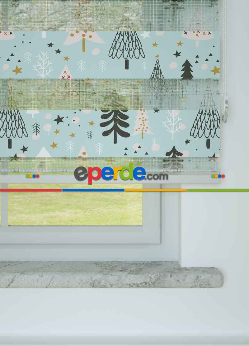 Mint Çam Ağacı Desenli Baskılı Zebra Perde