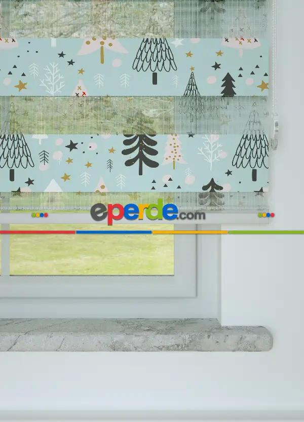 Bebek Odası - Mint Çam Ağacı Desenli Baskılı Zebra Perde