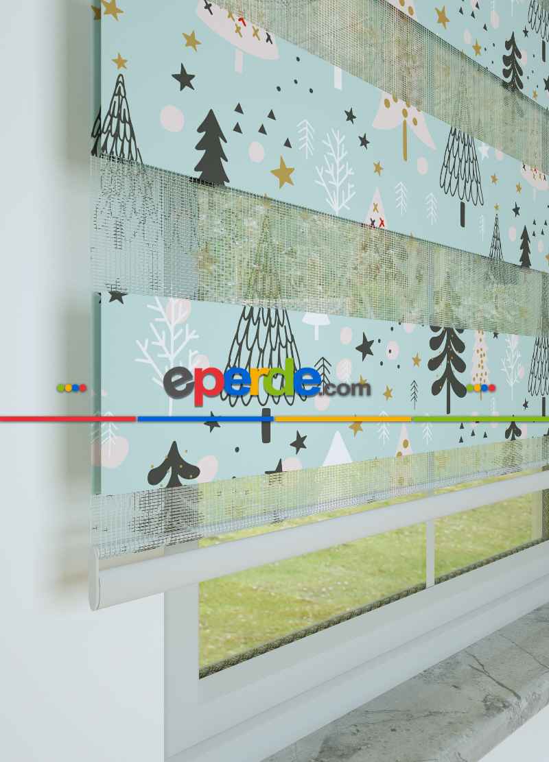 Mint Çam Ağacı Desenli Baskılı Zebra Perde