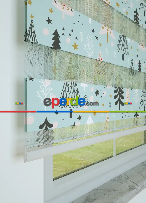 Bebek Odası - Mint Çam Ağacı Desenli Baskılı Zebra Perde