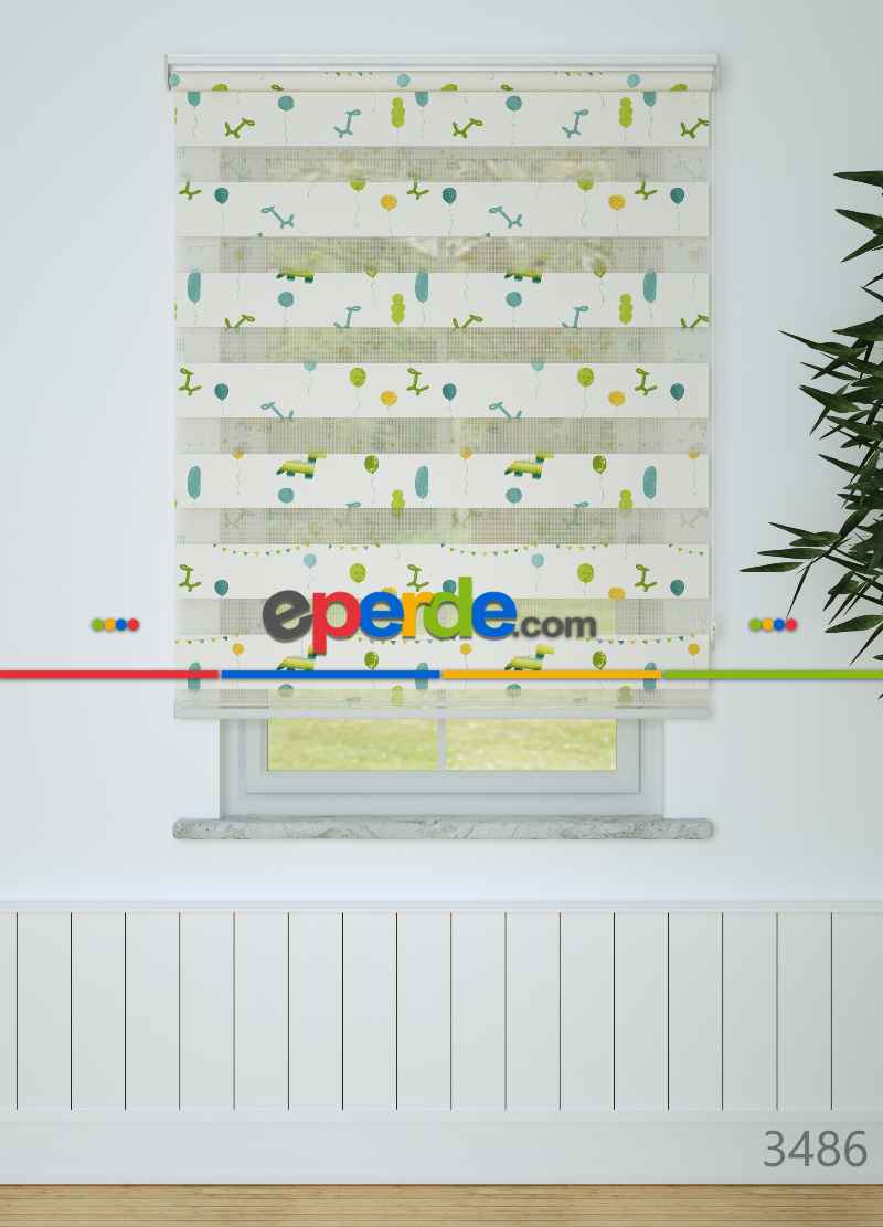 Çocuk Odası - Sarı Yeşil Balon Desenli Baskılı Zebra Perde