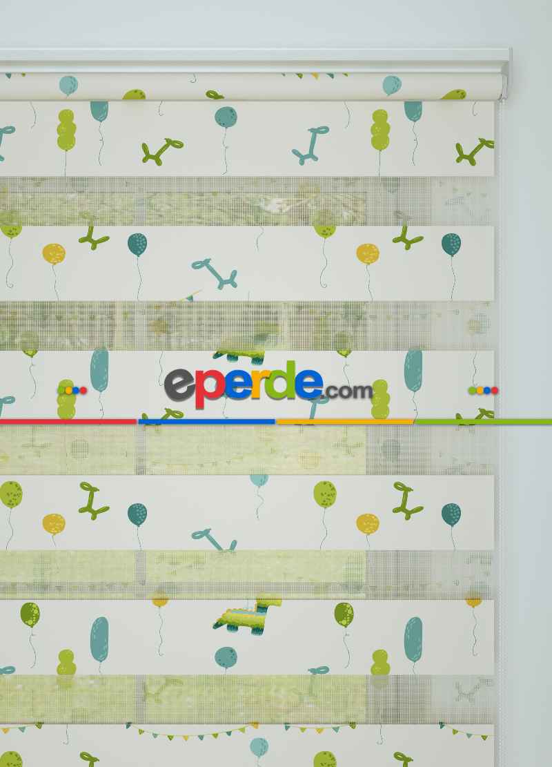 Çocuk Odası - Sarı Yeşil Balon Desenli Baskılı Zebra Perde