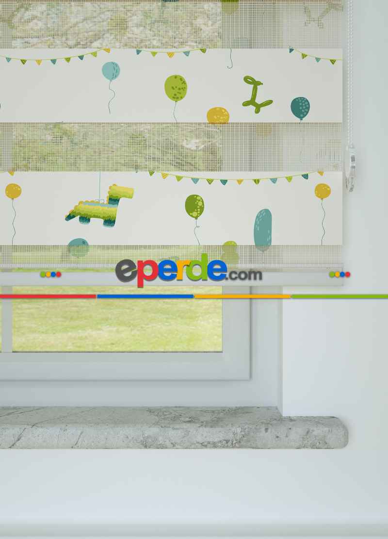 Çocuk Odası - Sarı Yeşil Balon Desenli Baskılı Zebra Perde