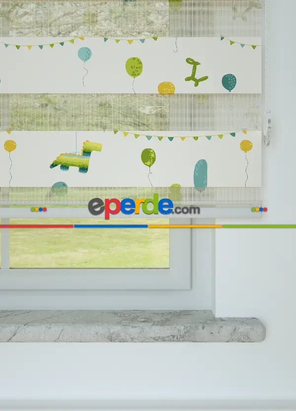 Bebek Odası - Sarı Yeşil Balon Desenli Baskılı Zebra Perde