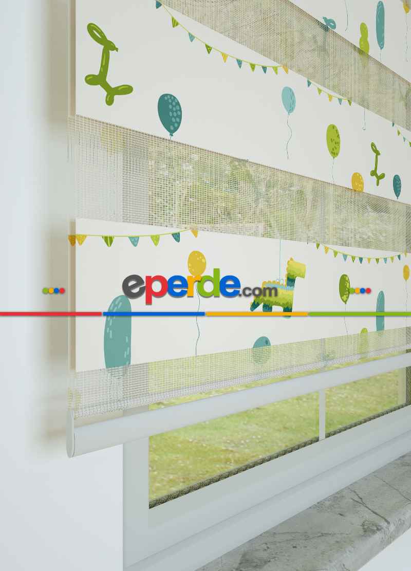 Çocuk Odası - Sarı Yeşil Balon Desenli Baskılı Zebra Perde