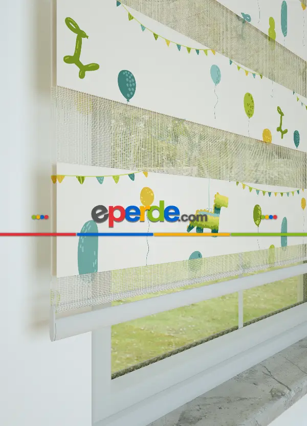 Bebek Odası - Sarı Yeşil Balon Desenli Baskılı Zebra Perde