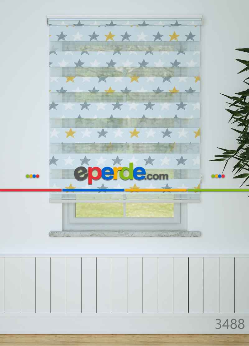 Bebek Odası - Mavi Yıldız Desenli Baskılı Zebra Perde