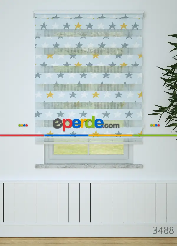 Bebek Odası - Mavi Yıldız Desenli Baskılı Zebra Perde