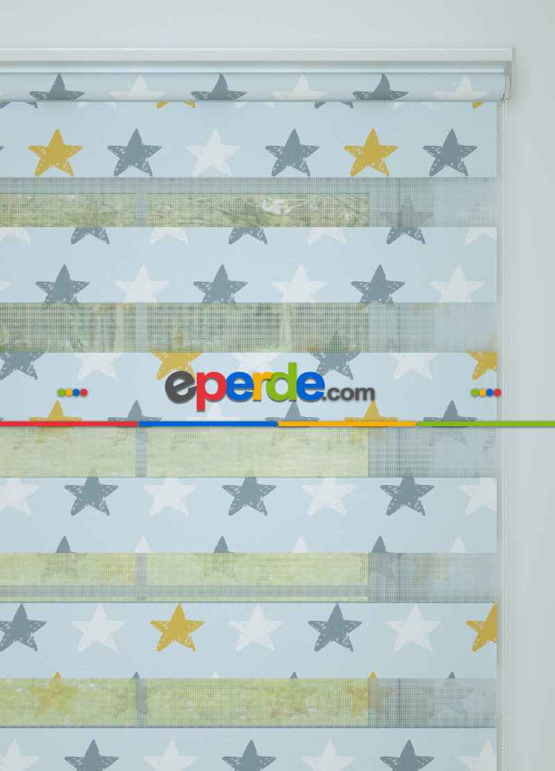 Bebek Odası - Mavi Yıldız Desenli Baskılı Zebra Perde