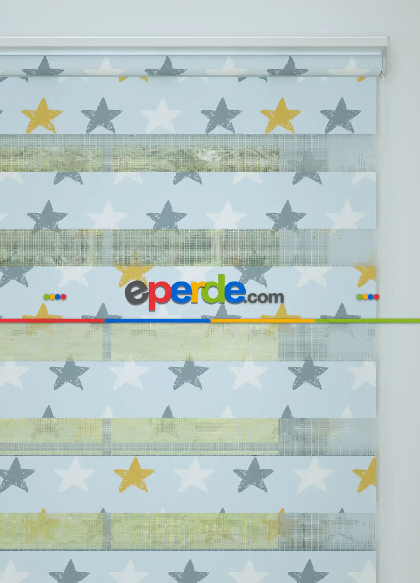 Bebek Odası - Mavi Yıldız Desenli Baskılı Zebra Perde