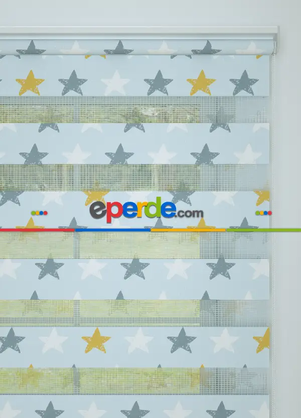 Bebek Odası - Mavi Yıldız Desenli Baskılı Zebra Perde