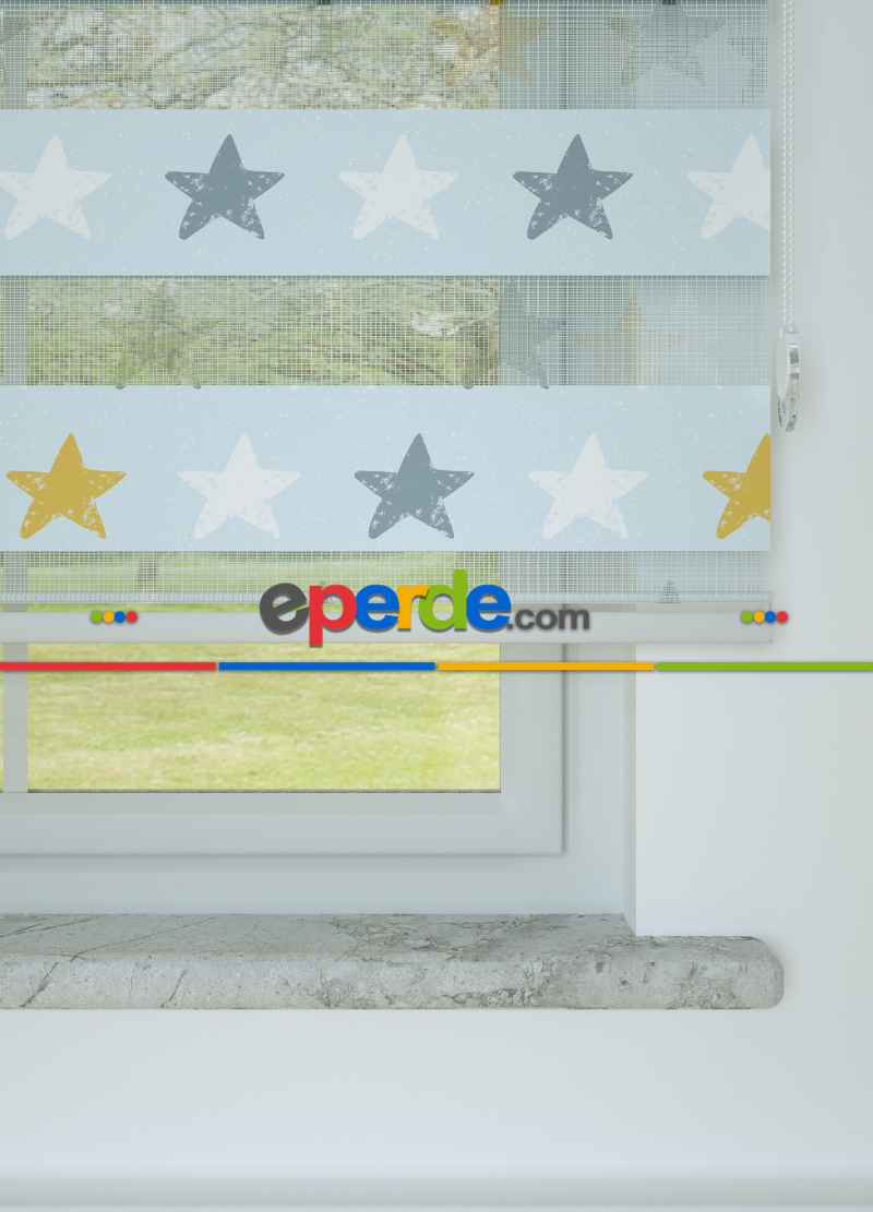 Bebek Odası - Mavi Yıldız Desenli Baskılı Zebra Perde