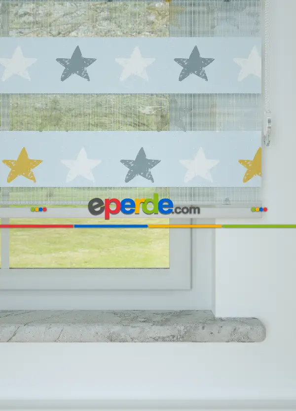 Bebek Odası - Mavi Yıldız Desenli Baskılı Zebra Perde