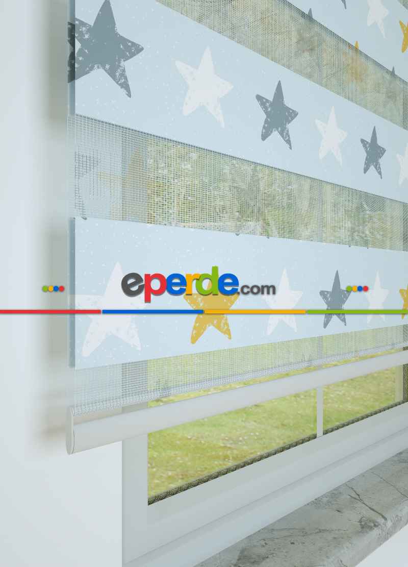 Bebek Odası - Mavi Yıldız Desenli Baskılı Zebra Perde