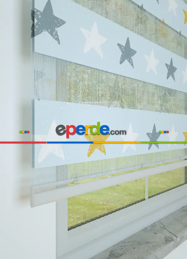 Bebek Odası - Mavi Yıldız Desenli Baskılı Zebra Perde