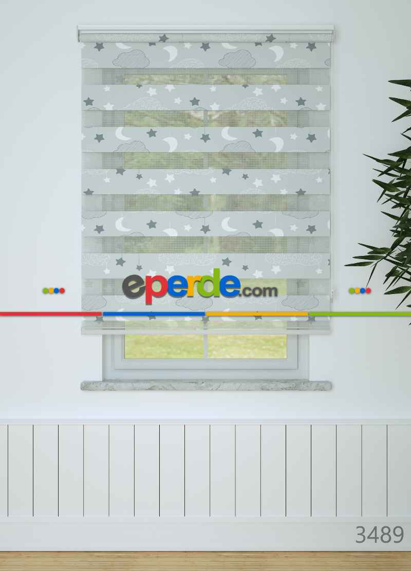 Kız ve Erkek Çocuk Odası Zebra Perde - Gri - Bulut Ve Yıldız Desenli