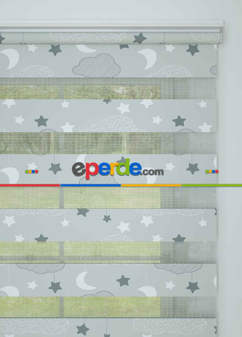 Kız ve Erkek Çocuk Odası Zebra Perde - Gri - Bulut Ve Yıldız Desenli