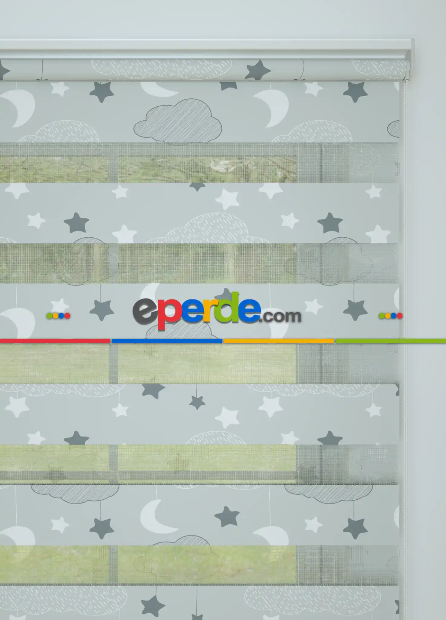 Bebek Odası - Gri Bulut Ve Yıldız Desenli Baskılı Zebra Perde