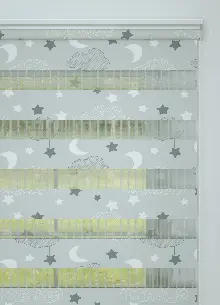 Bebek Odası - Gri Bulut Ve Yıldız Desenli Baskılı Zebra Perde