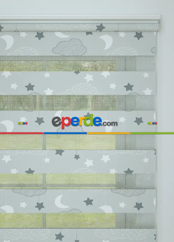 Bebek Odası - Gri Bulut Ve Yıldız Desenli Baskılı Zebra Perde