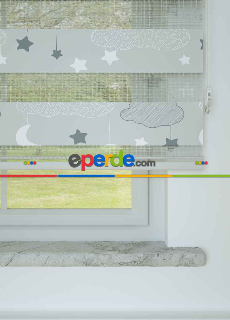 Kız ve Erkek Çocuk Odası Zebra Perde - Gri - Bulut Ve Yıldız Desenli