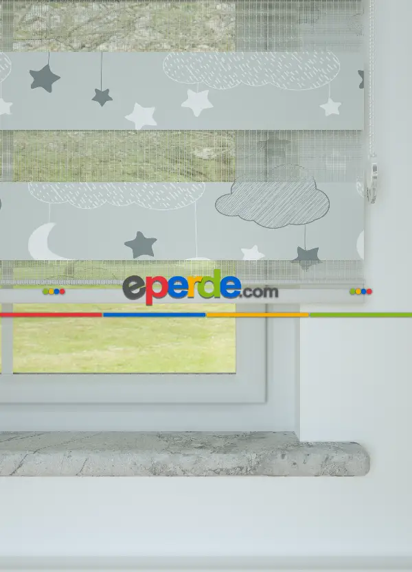 Bebek Odası - Gri Bulut Ve Yıldız Desenli Baskılı Zebra Perde