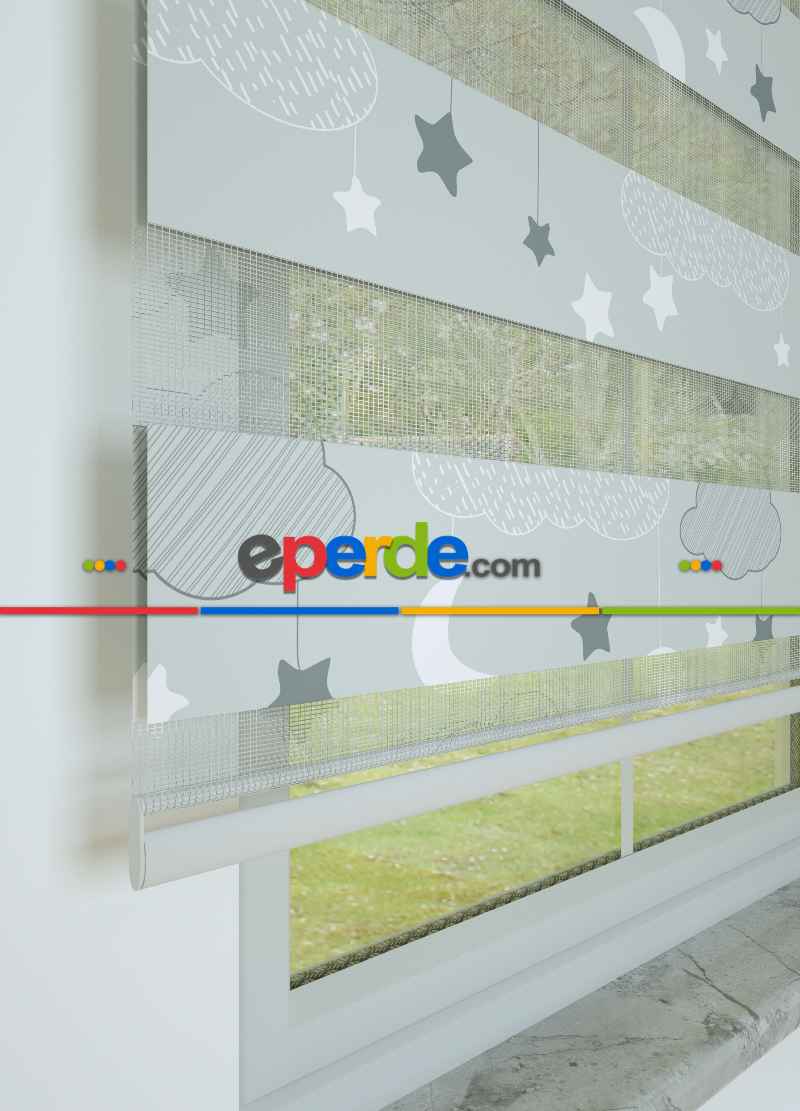 Kız ve Erkek Çocuk Odası Zebra Perde - Gri - Bulut Ve Yıldız Desenli