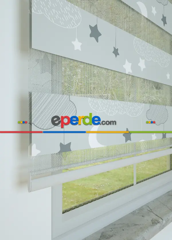 Bebek Odası - Gri Bulut Ve Yıldız Desenli Baskılı Zebra Perde