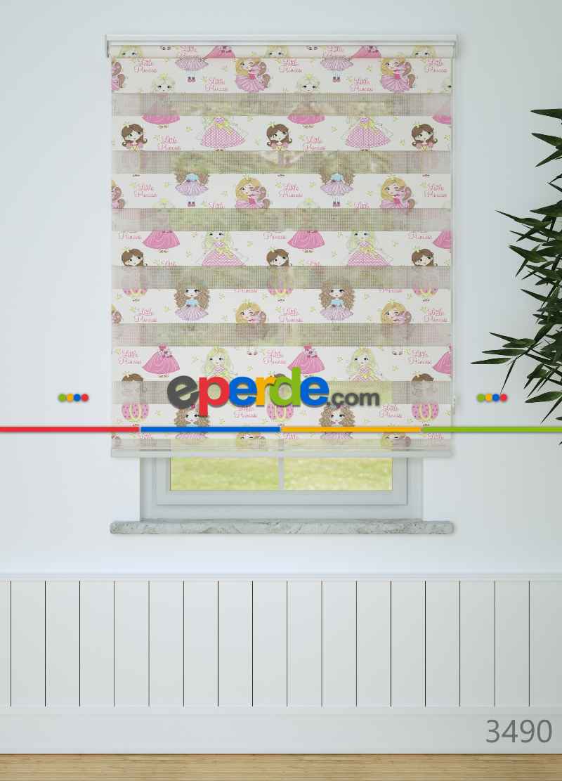 Çocuk Odası - Pembe Prenses Desenli Baskılı Zebra Perde