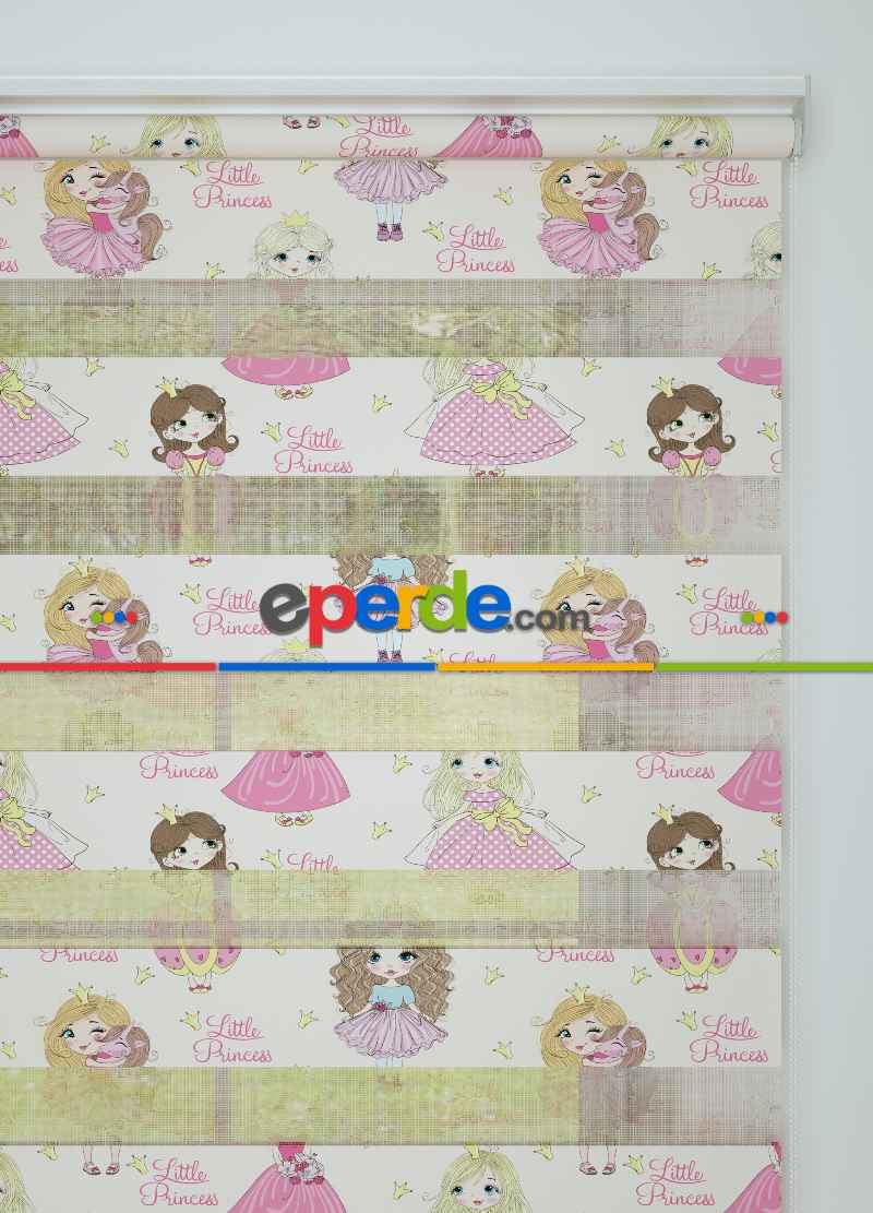 Çocuk Odası - Pembe Prenses Desenli Baskılı Zebra Perde