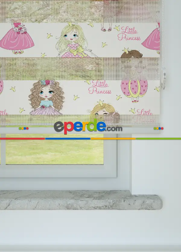 Çocuk Odası - Pembe Prenses Desenli Baskılı Zebra Perde