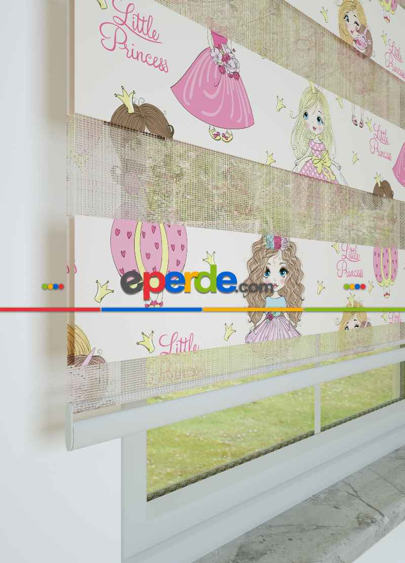 Çocuk Odası - Pembe Prenses Desenli Baskılı Zebra Perde