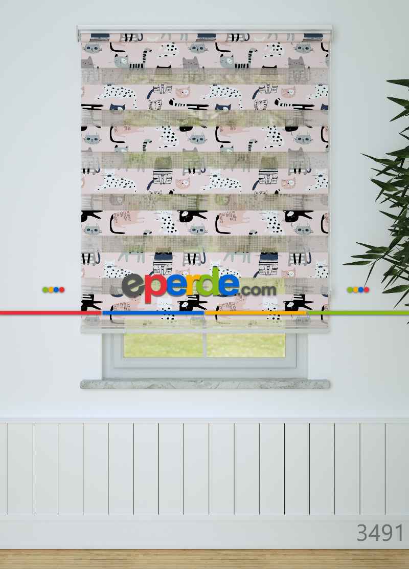 Çocuk Odası - Pembe Gri Kedi Desenli Baskılı Zebra Perde